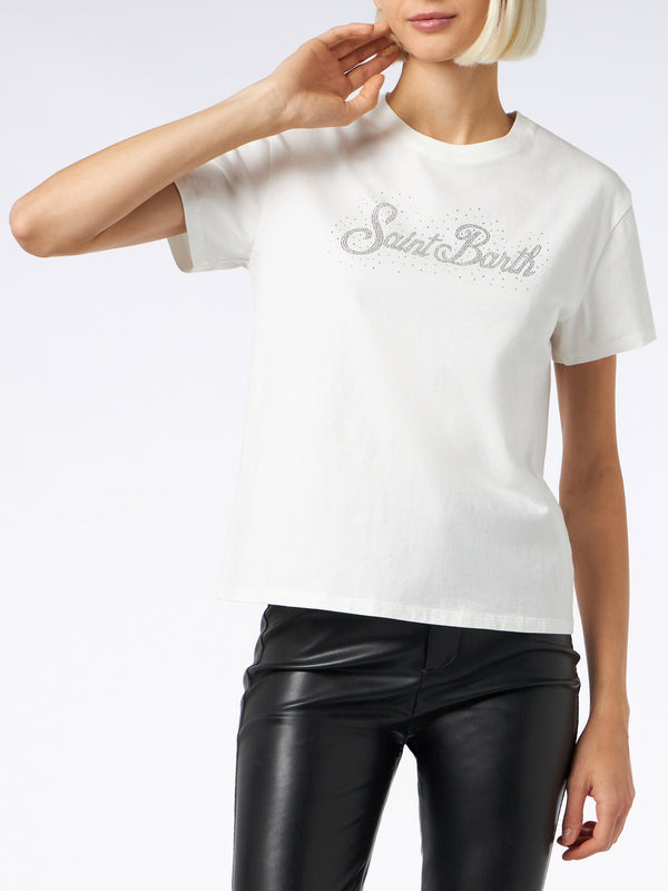Damen-T-Shirt aus schwerer Baumwolle mit St. Barth-Strassstein-Aufdruck