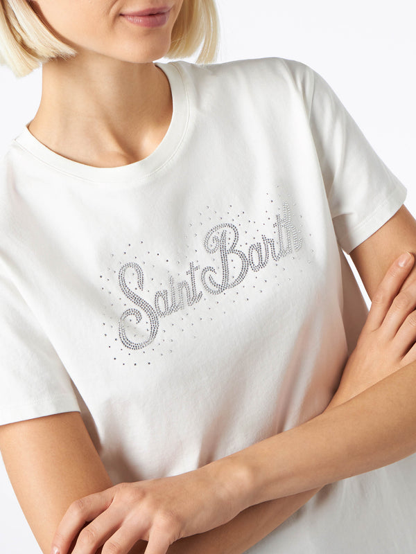 Damen-T-Shirt aus schwerer Baumwolle mit St. Barth-Strassstein-Aufdruck