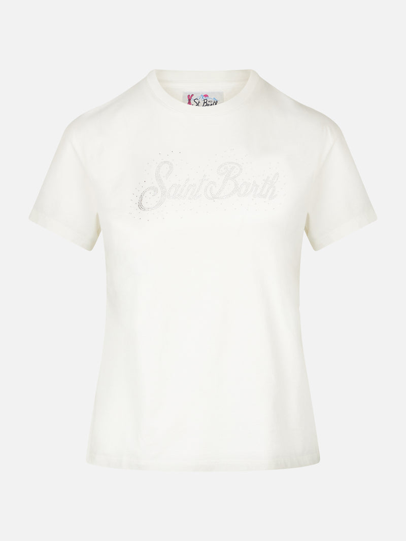 Woman heavy cotton t-shirt with St. Barth rhinestones print