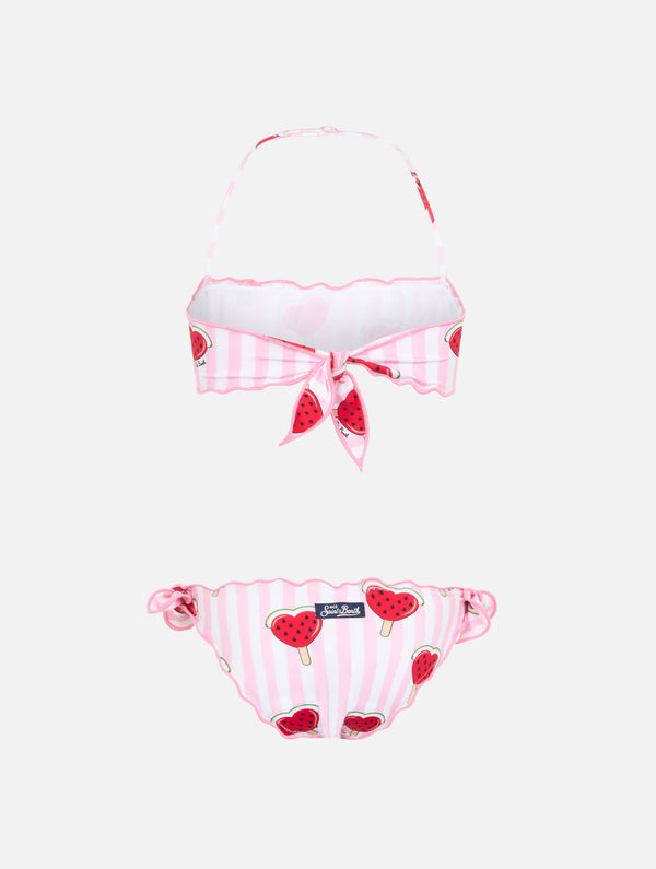 Klassischer Bandeau-Bikini für Mädchen Emy mit herzförmigem Wassermelonen-Print