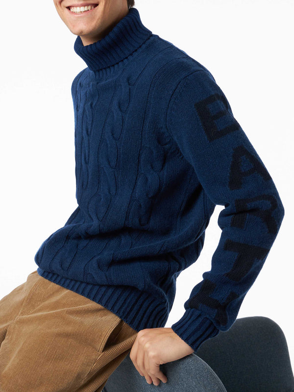 Man heavyweight turtleneck braided blue vintage sweater