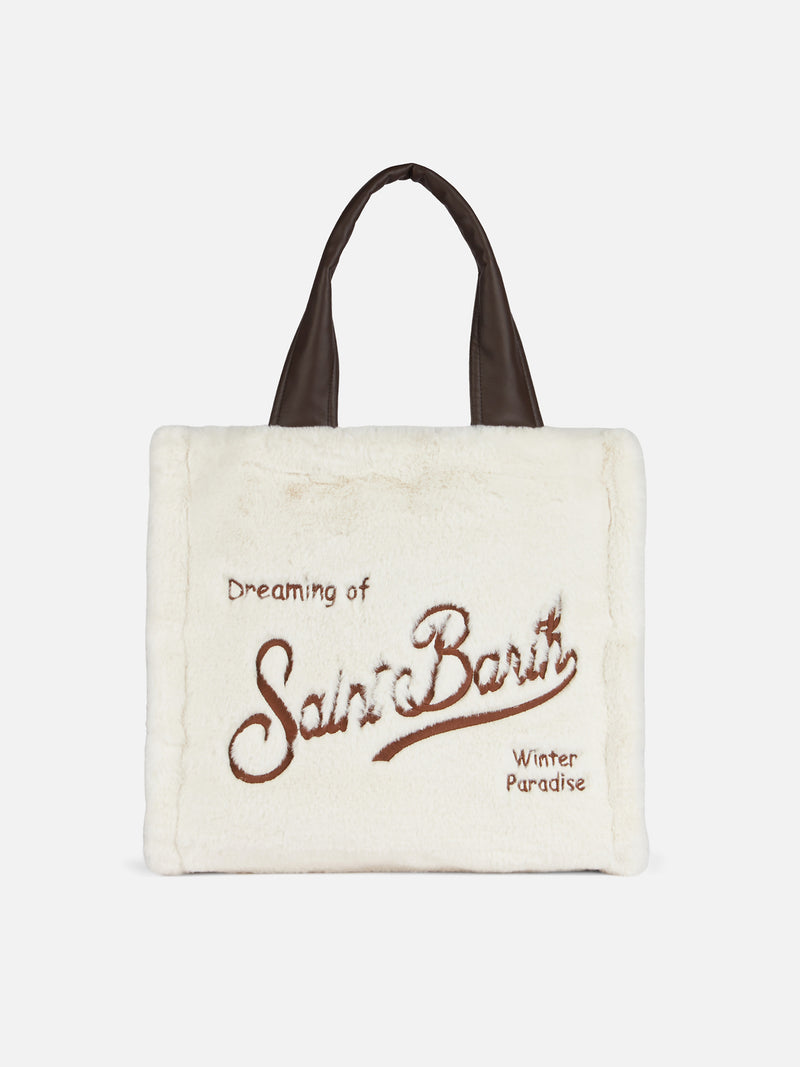 White furry Flavea bag with Saint Barth embroidery