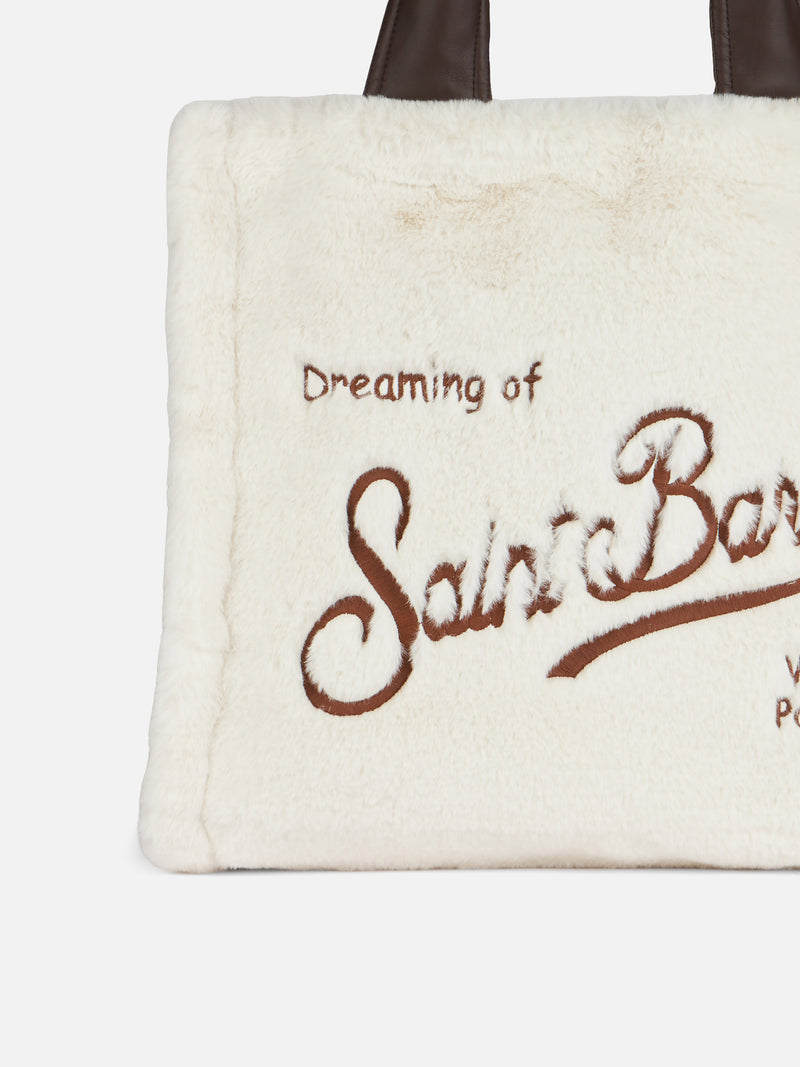 White furry Flavea bag with Saint Barth embroidery