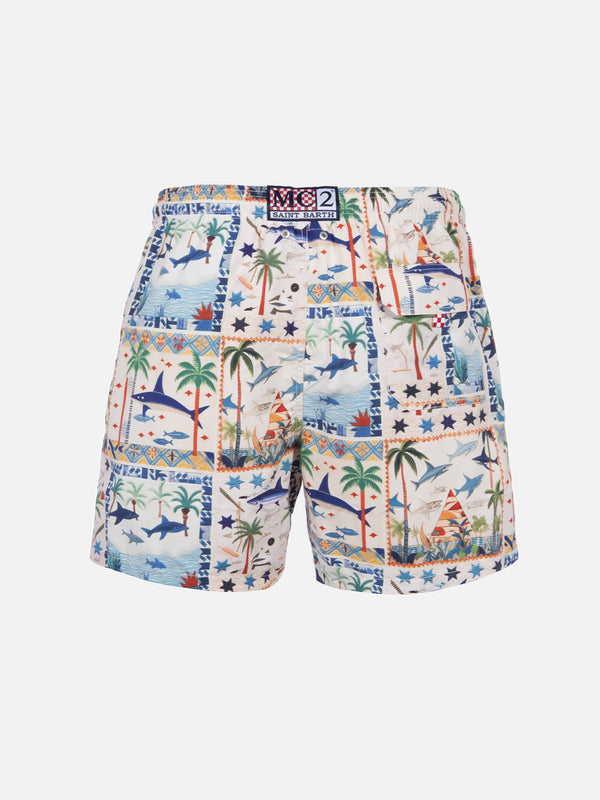 Man mid-length Gustavia swim-shorts with Egyptian shark print | AI CO-CREATED DESIGN BY RICKDICK - POWERED BY RED-EYE