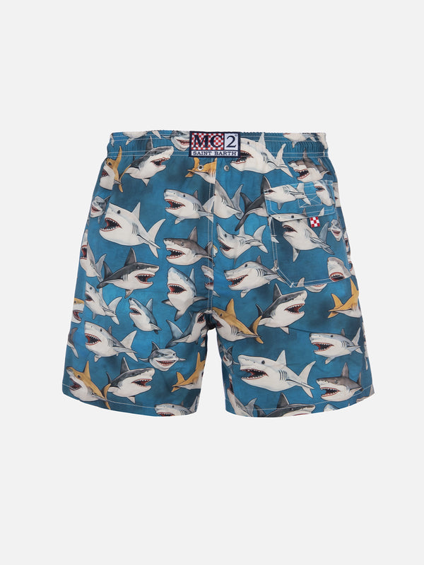 Man mid-length Gustavia swim-shorts with shark print  | AI CO-CREATED DESIGN BY RICKDICK - POWERED BY RED-EYE