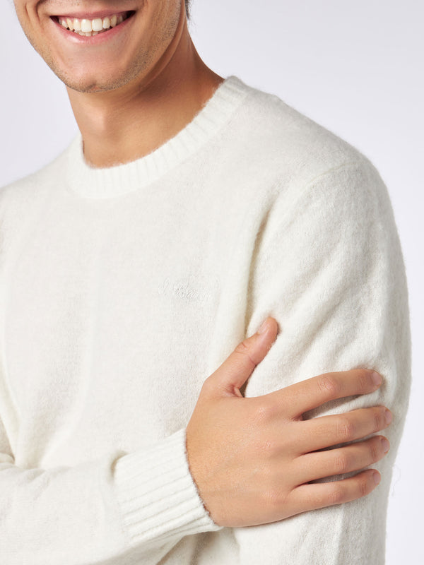 Man white stretch wool sweater with St. Barth embroidery