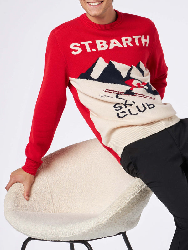 Man crewneck sweater with St. Barth Ski Club postacard jacquard print