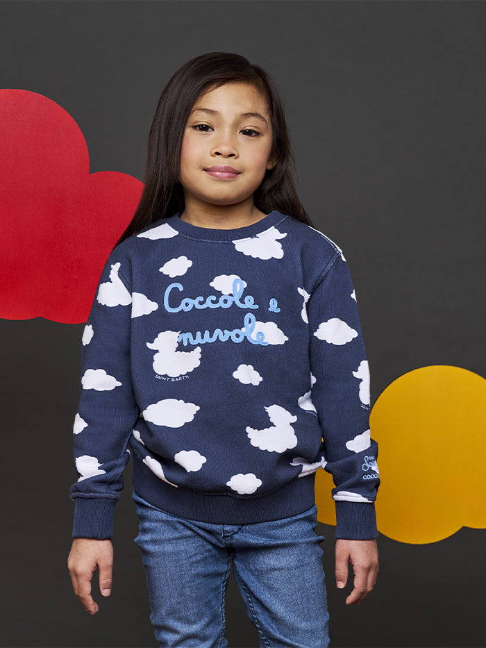Kid crewneck blue sweatshirt with Coccole e nuvole embroidery | COCCOLEBIMBI SPECIAL EDITION