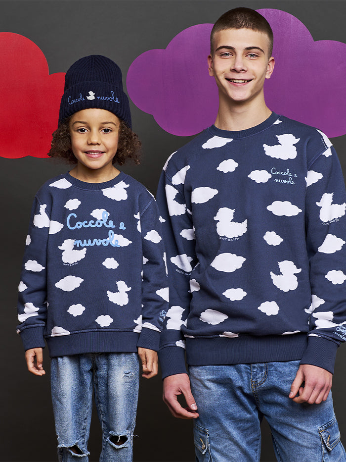 Crewneck blue sweatshirt with Coccole e nuvole embroidery | COCCOLEBIMBI SPECIAL EDITION