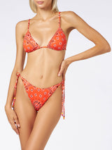 Woman orange triangle bikini with bandanna print