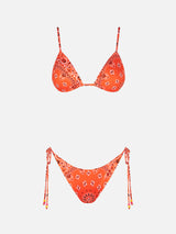 Orangefarbener Damen-Triangel-Bikini mit Bandana-Print
