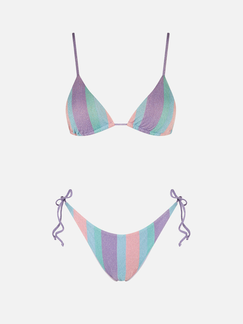 Gestreifter Bikini aus Lurex in Pastellfarben