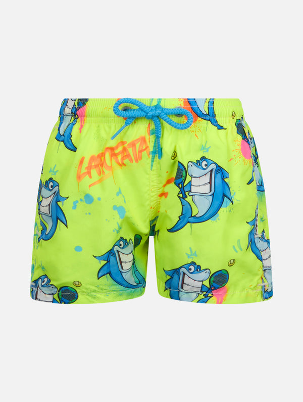 Boy lightweight fabric swim-shorts Jean Lighting with crypto shark print | CRYPTOPUPPETS SPECIAL EDITION