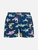 Boy lightweight fabric swim-shorts Jean Lighting with sharks print