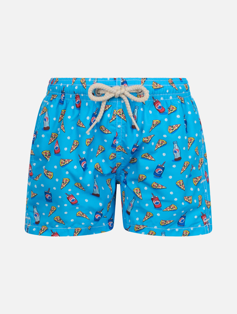 Boy lightweight fabric swim-shorts Jean Lighting with pizza print