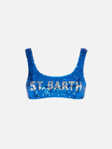 Blue sequined bralette with silver logo