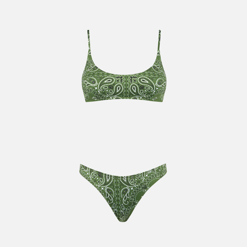 Woman bralette bikini with military green bandanna print