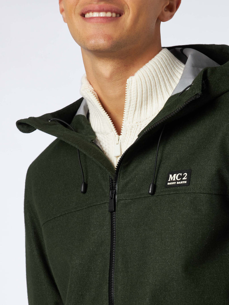 Man hooded green windbreaker jacket