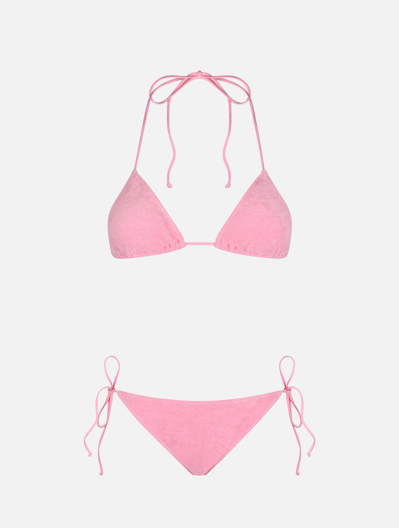 Woman pink terry triangle bikini Leah Virgo