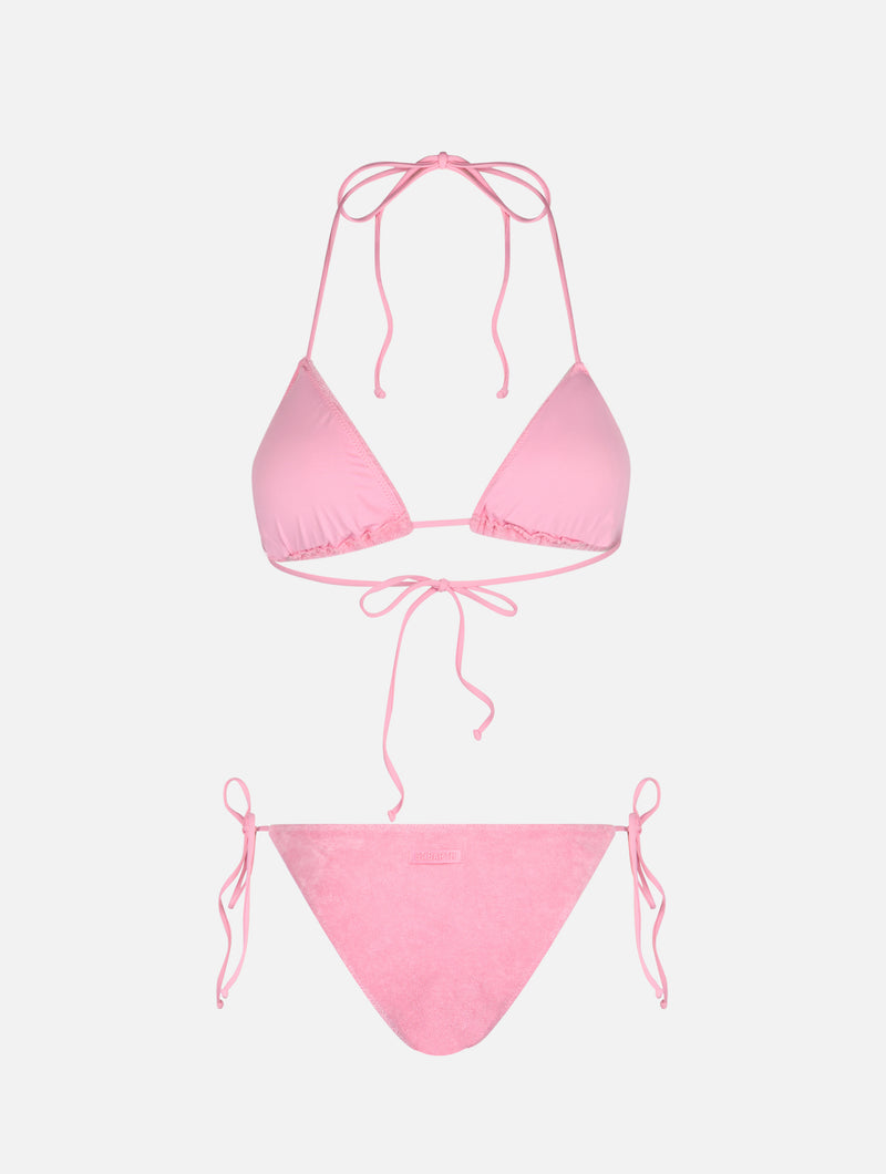 Woman pink terry triangle bikini Leah Virgo