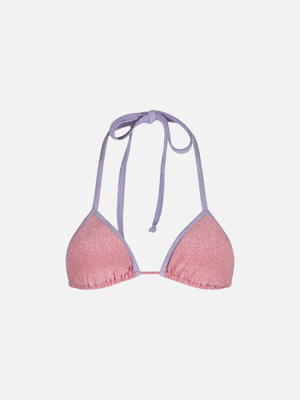 Damen-Badeanzug „Leah“ mit rosafarbenem Lurex-Dreiecksoberteil und Paspelierung