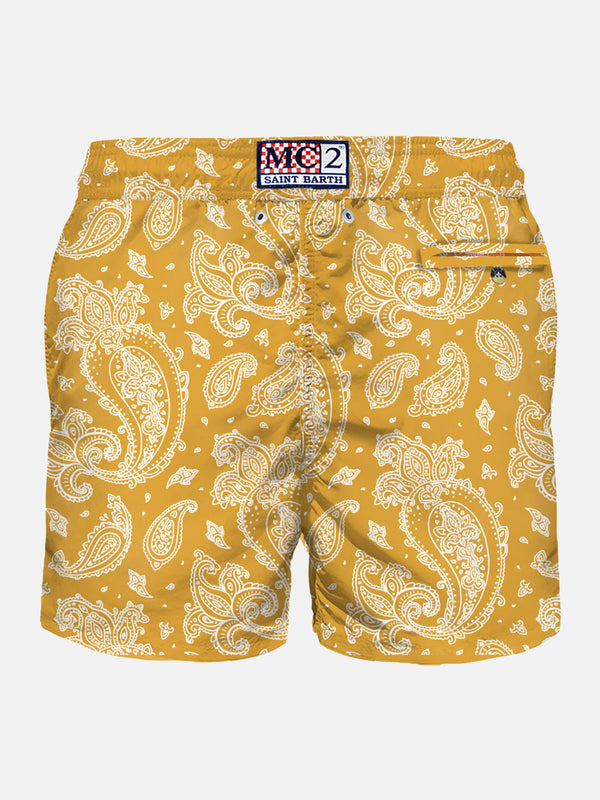 Man light fabric swim shorts with ochre paisley print