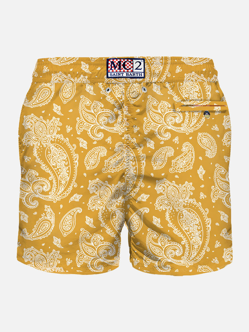Man light fabric swim shorts with ochre paisley print