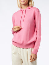 Woman fuchsia knitted hoodie with St. Barth embroidery