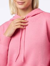 Woman fuchsia knitted hoodie with St. Barth embroidery