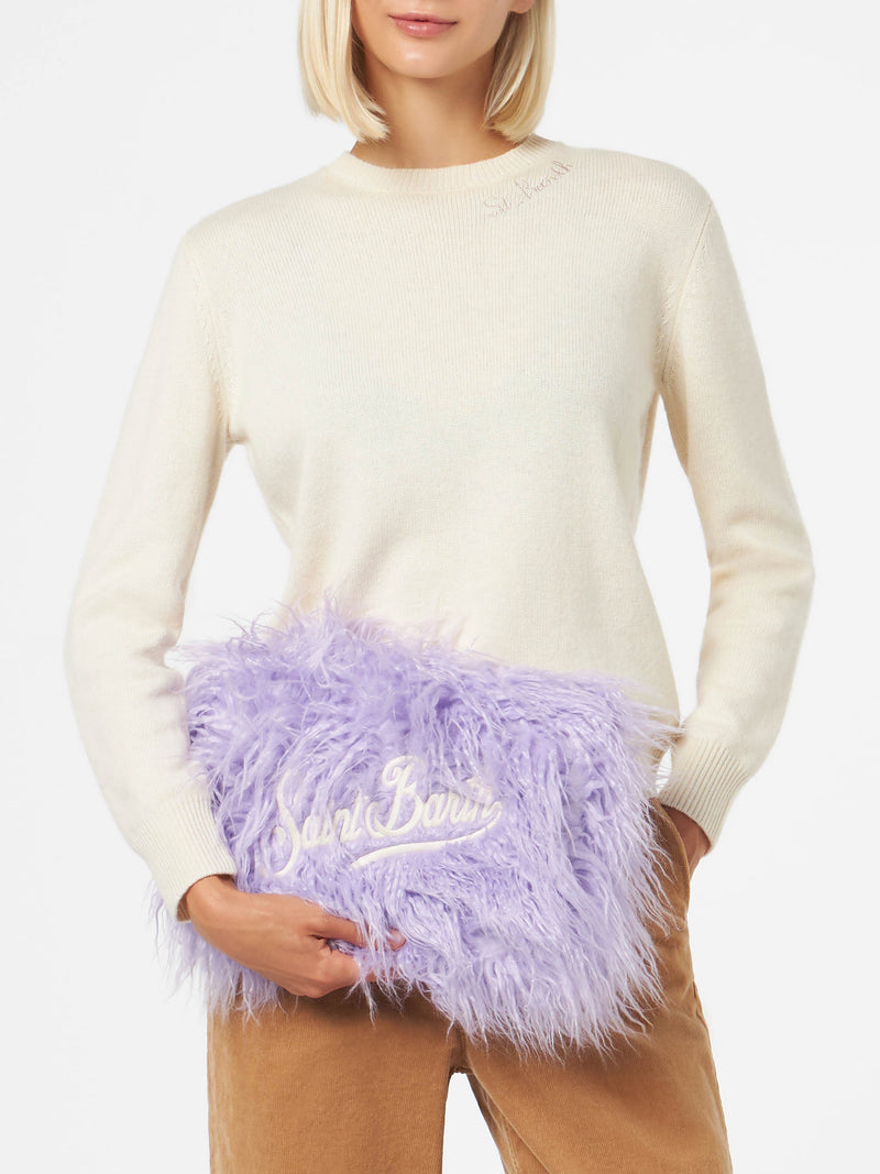 Lilac furry Mildred pochette with Saint Barth embroidery