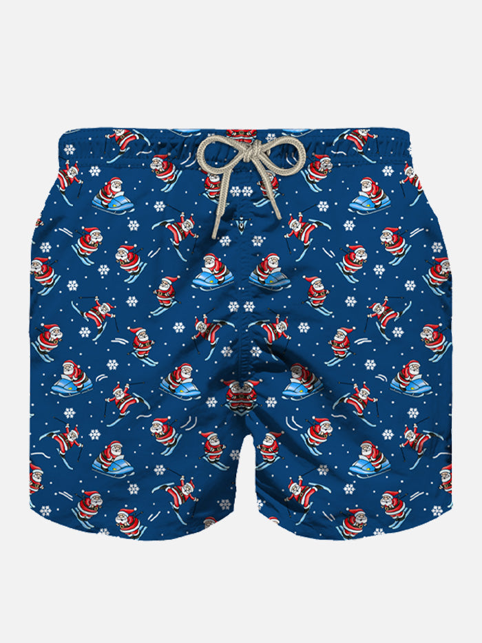 Man light fabric swim shorts with Happy Santa Claus print