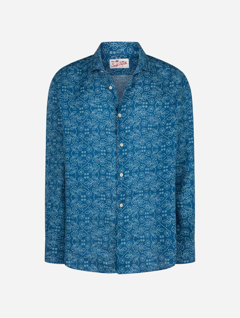 Man navy blue linen shirt Pamplona with Sashiko print