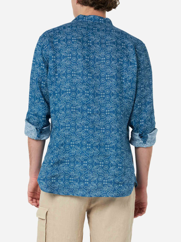 Man navy blue linen shirt Pamplona with Sashiko print