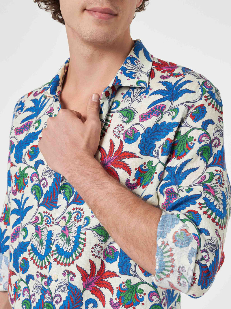 Camicia da uomo in lino blu navy Pamplona con stampa fiori