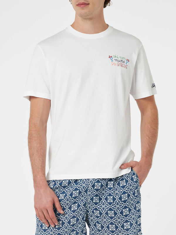 Man classic fit cotton jersey t-shirt Portofino with Chi non muore poi ribeve embroidery | INSULTI LUMINOSI SPECIAL EDITION
