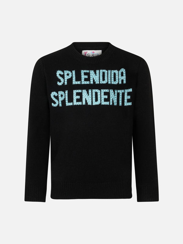 Girl crewneck black sweater with Splendida Splendente rhinestones print | NIKI DJ SPECIAL EDITION