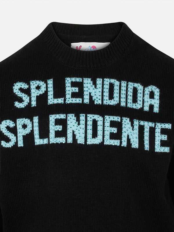 Girl crewneck black sweater with Splendida Splendente rhinestones print | NIKI DJ SPECIAL EDITION