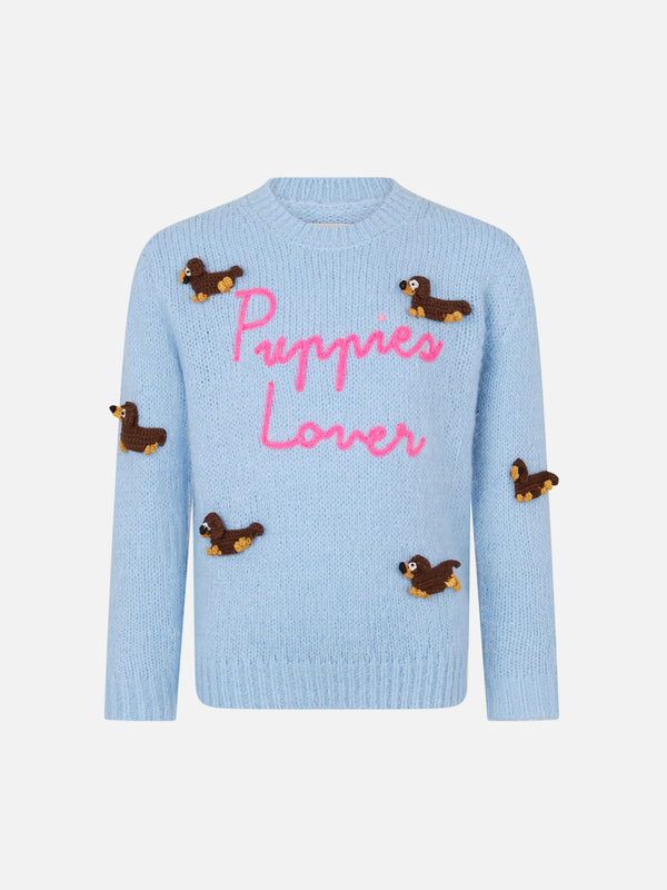 Girl crewneck soft sweater with dogs crochet patch and Puppies Lover embroidery