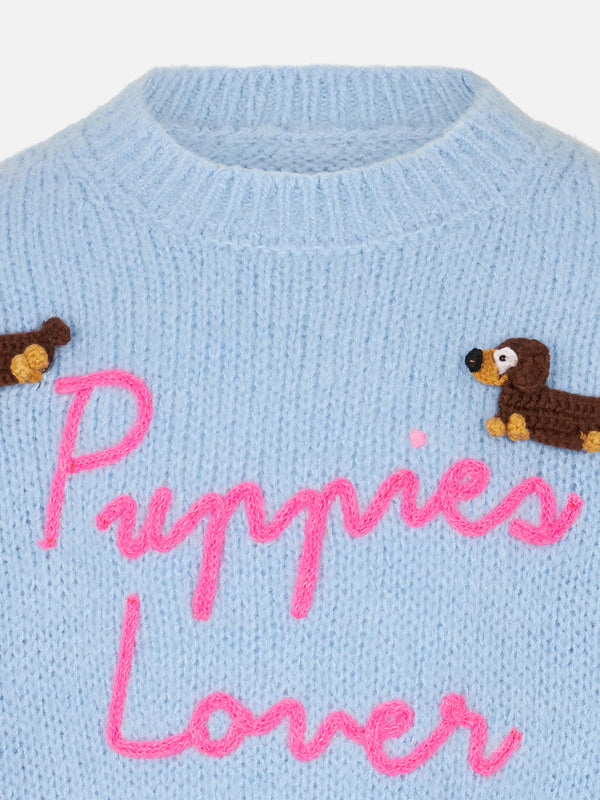 Weicher Pullover für Mädchen mit Rundhalsausschnitt, Häkelaufnäher mit Hunden und Stickerei „Puppies Lover“.