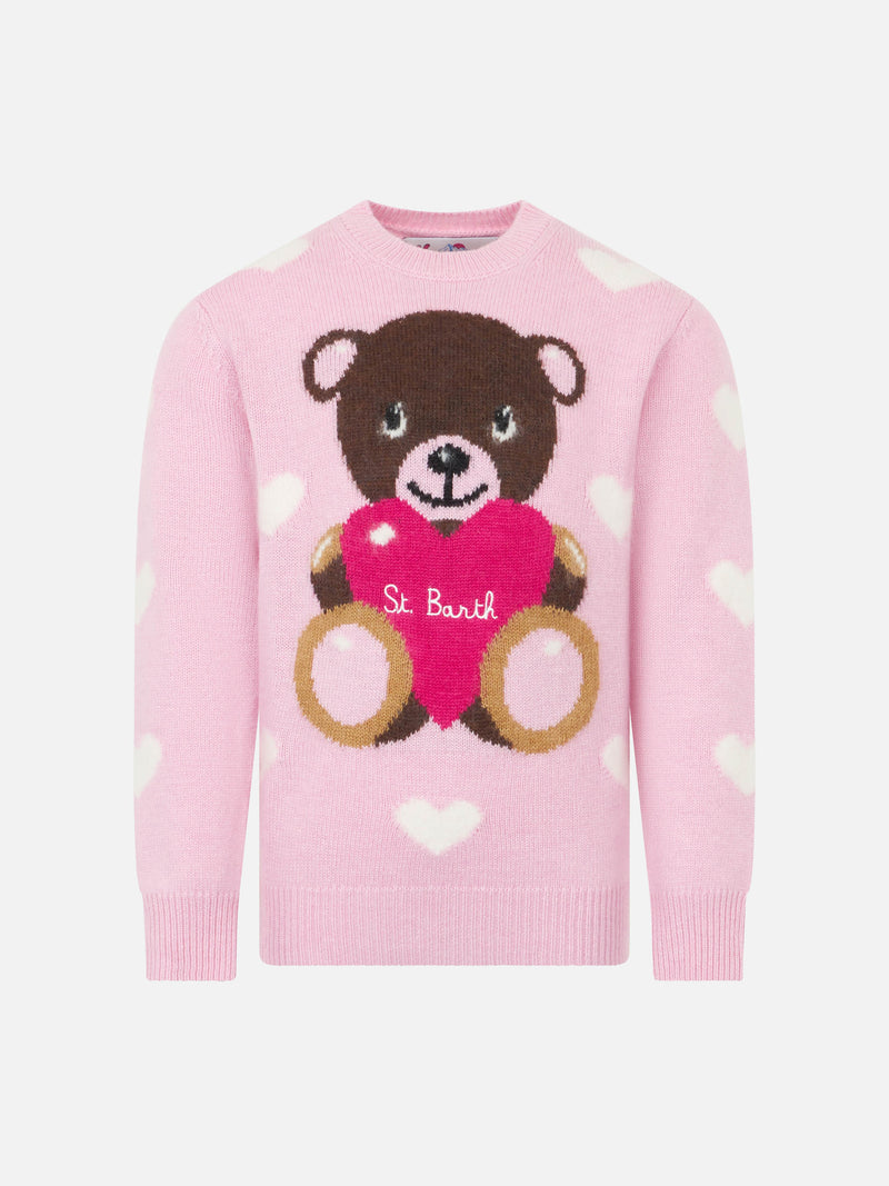Girl crewneck sweater with teddy bear embroidery