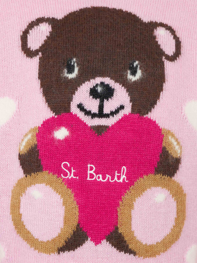 Girl crewneck sweater with teddy bear embroidery