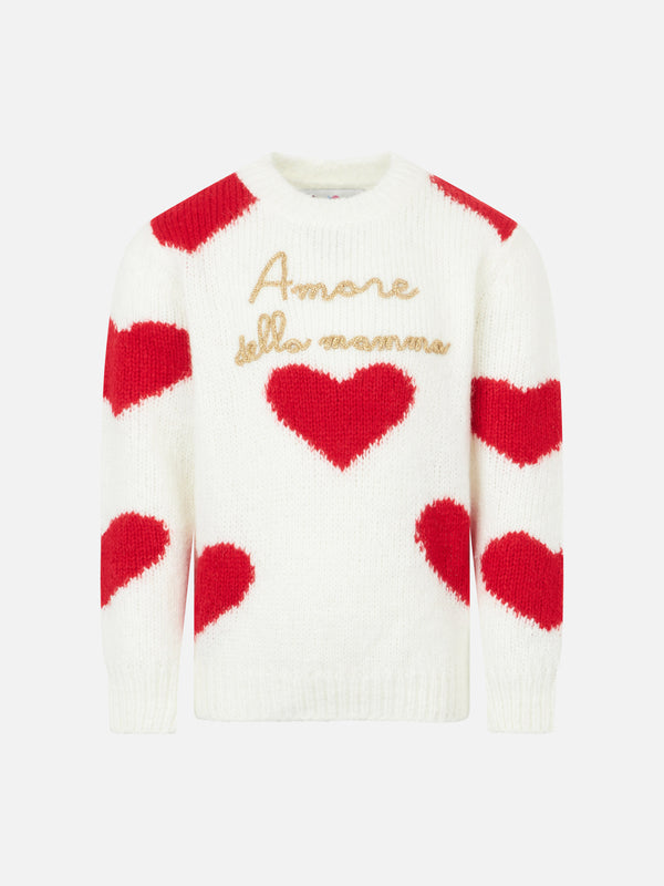 Girl crewneck soft ribbed sweater with hearts and Amore della Mamma embroidery