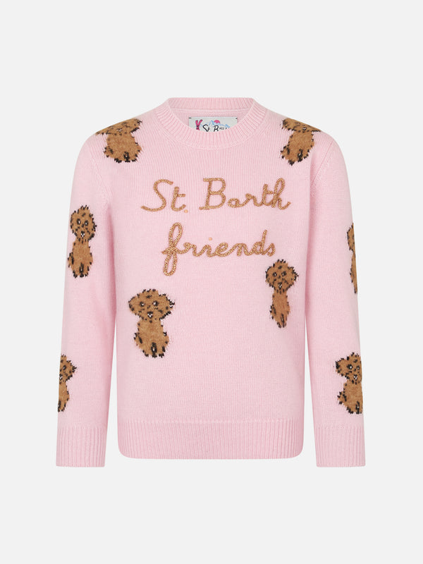 Girl crewneck soft ribbed sweater with St. Barth Friend embroidery