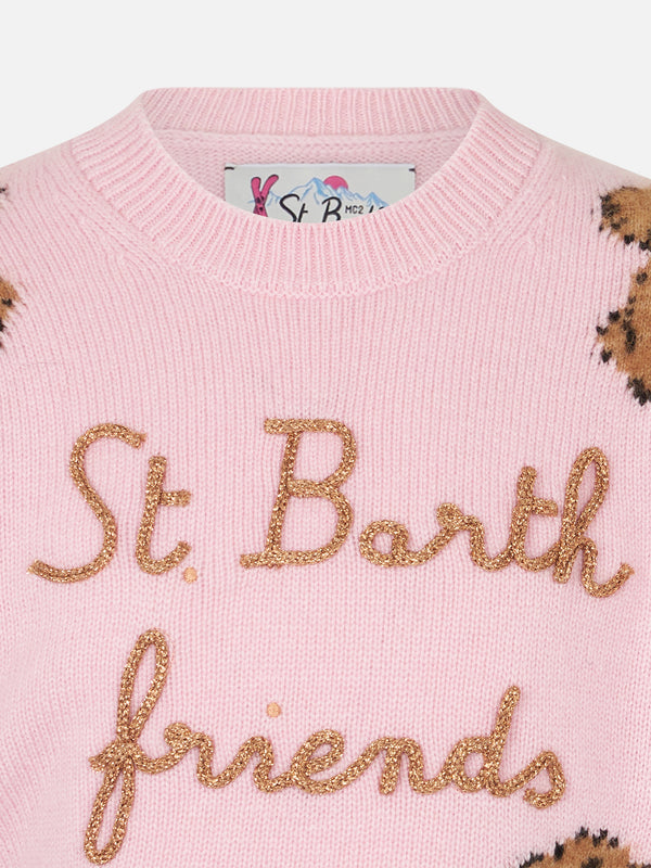 Girl crewneck soft ribbed sweater with St. Barth Friend embroidery