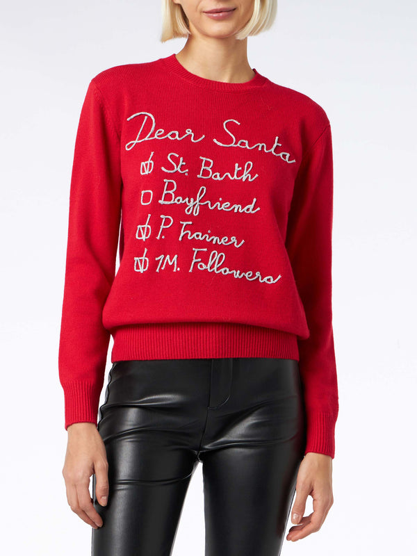 Woman brushed sweater with Dear Santa list embroidery