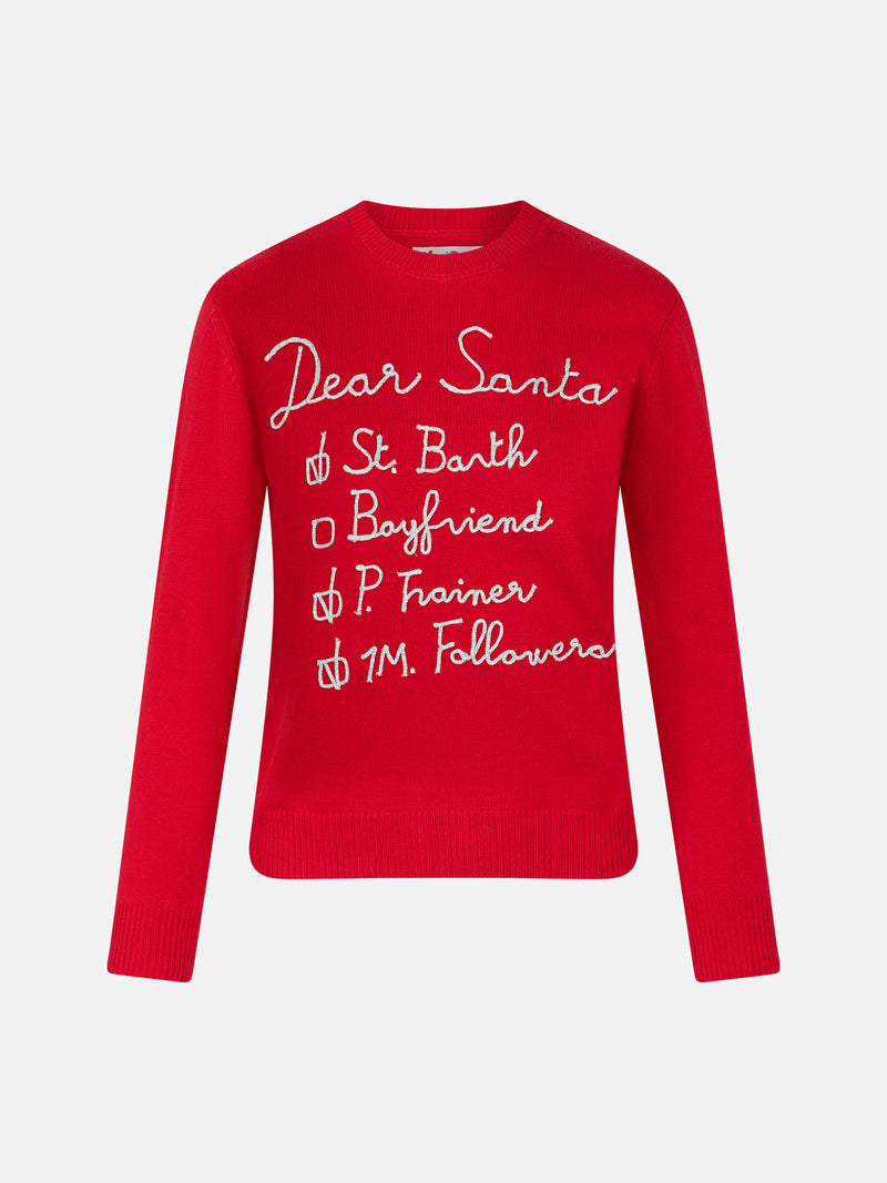 Woman brushed sweater with Dear Santa list embroidery