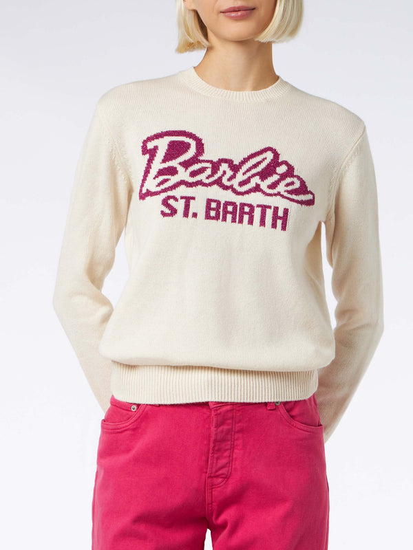 Woman crewneck white sweater with Barbie print | BARBIE SPECIAL EDITION