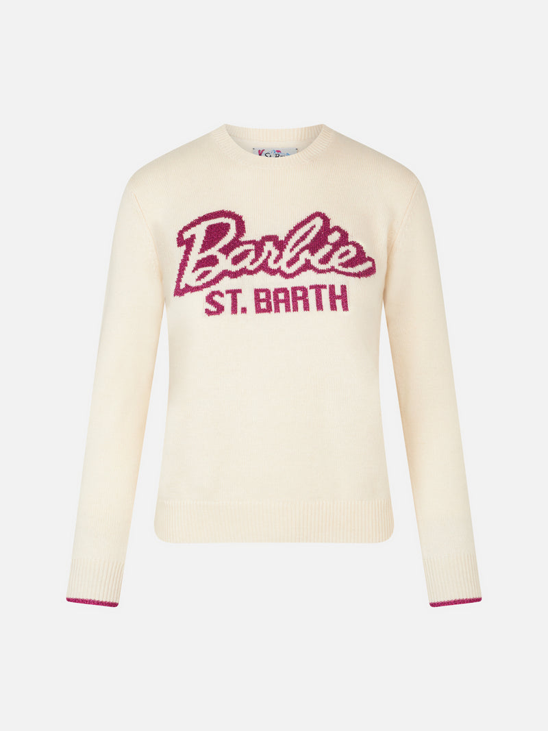Woman crewneck white sweater with Barbie print | BARBIE SPECIAL EDITION