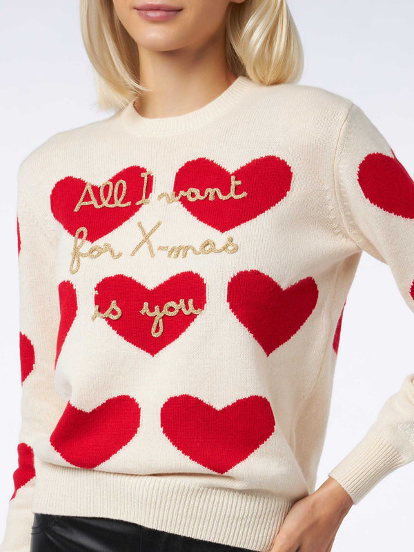 Woman crewneck sweater with All I Want for Xmas is You embroidery