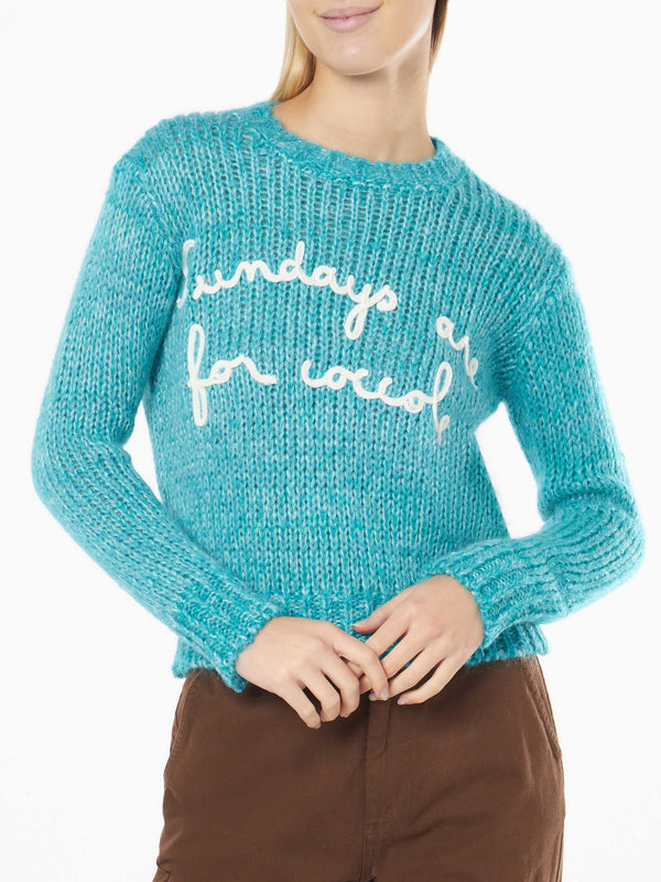 Woman crewneck soft crop sweater with Sundays are for Coccole embroidery